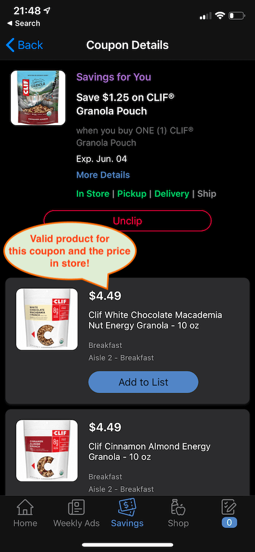 An in-app screenshot of Kroger's product details page, revealing the in-store product price and coupon compatibility. You can use this to price shop and help you save money at the grocery store!