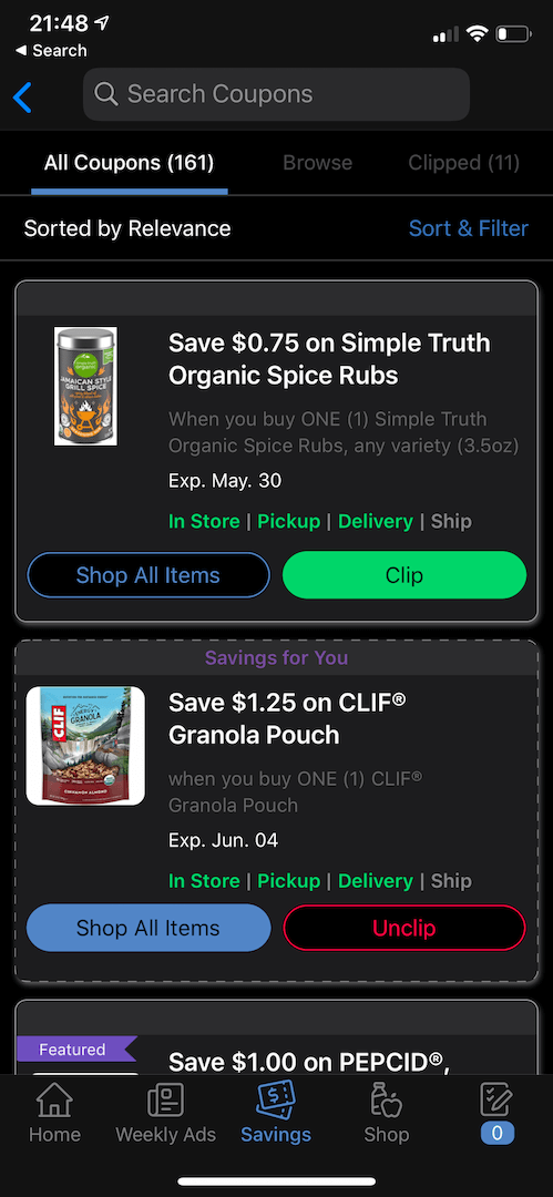 An example of Kroger's digital grocery app coupon screen, displaying products. We use it as a key way to save money on groceries.