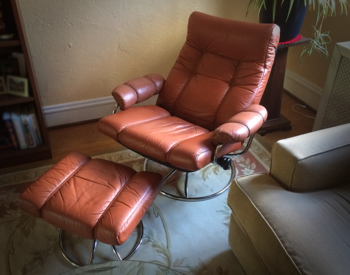 Our first Ekornes Stressless Lounge Chair - a 70s version in burnt orange! Love the chrome, it was worth spending more on.