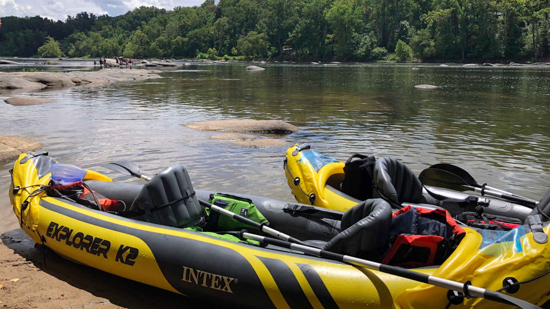 Staycation fun: dual inflatable kayaking down a river in an Intex Explorer K2! It's almost like an inner tube you can paddle!