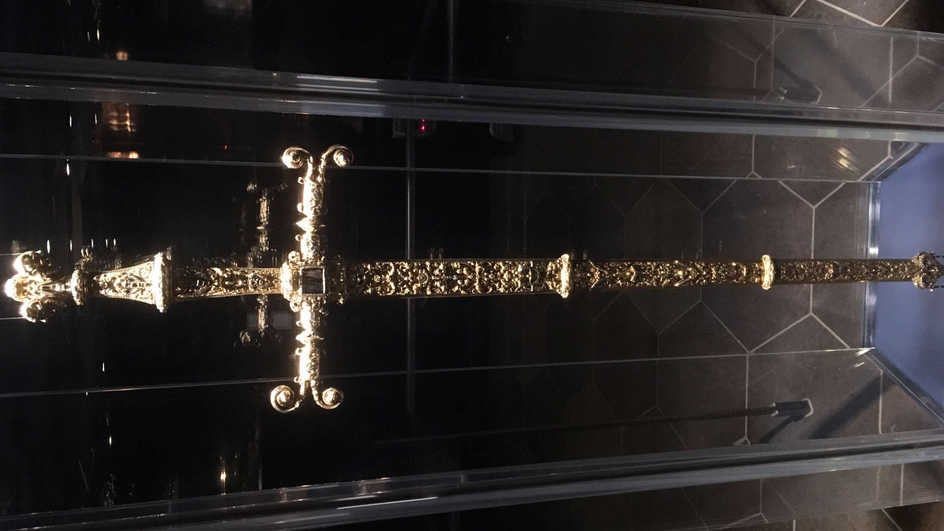 Not the actual Sword of Damocles: just part of Denmark's "Crown Jewels" in Rosenborg Castle. Still, I wouldn't want it "hanging by a thread" over my head!