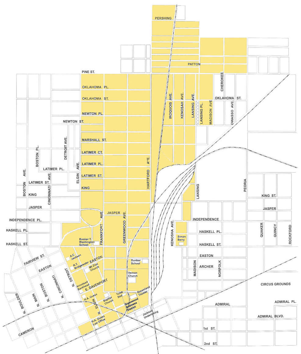 The yellow section represents historic Greenwood. You can spot the southern terminus at the railroad tracks where O.W. Gurley started his first rooming house. [Source: National Park Service]