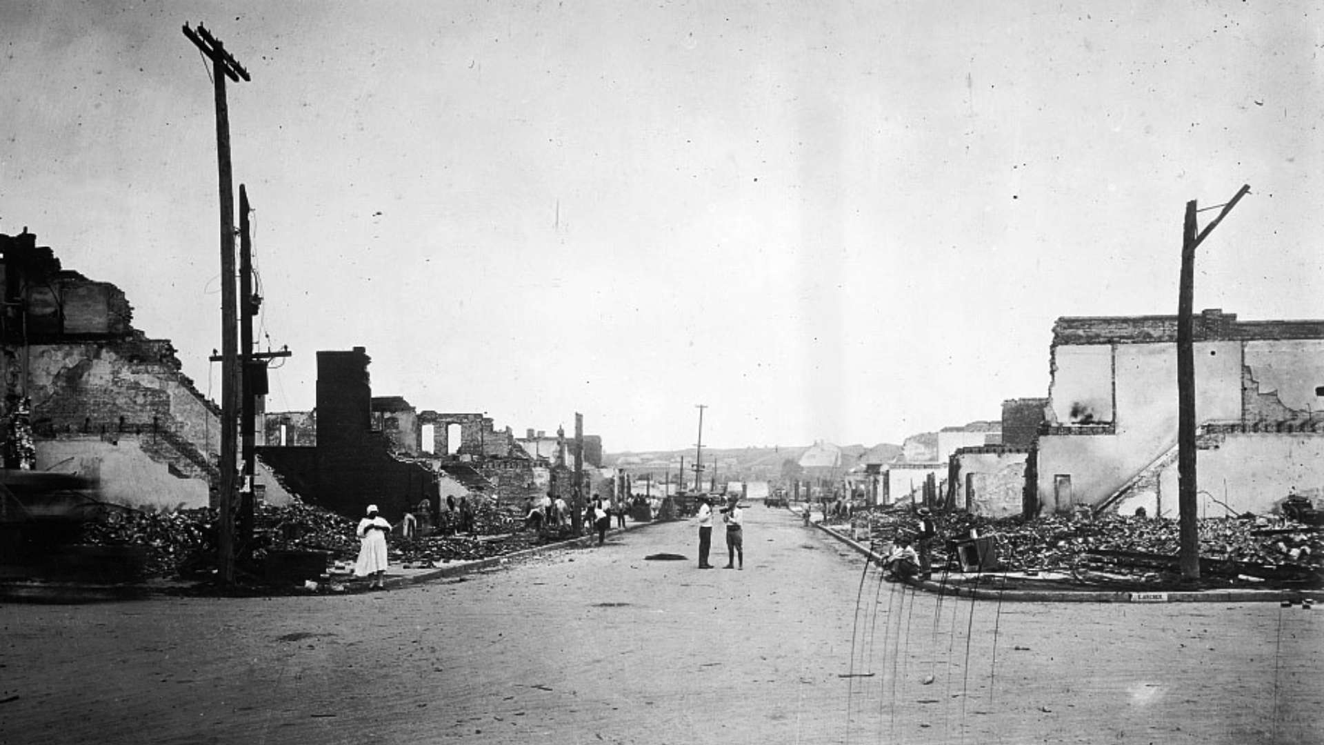 The aftermath of the Tulsa Race Massacre on Black Wall Street.