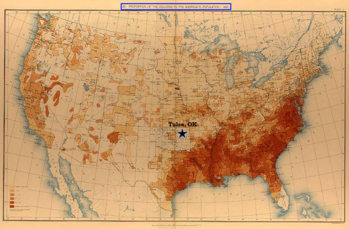 1890 "Proportion of the colored to the aggregate population" data map—highlighting Tulsa, OK [Source: US Census].