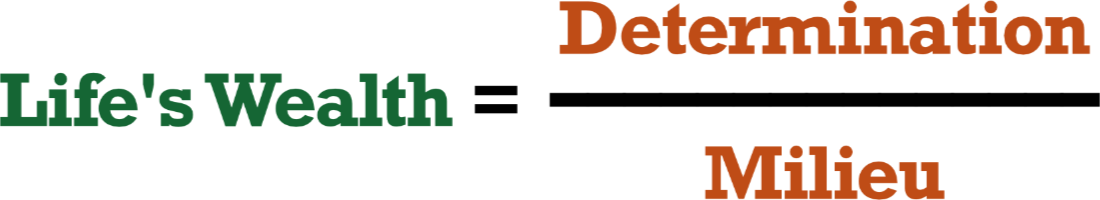 Life is about choices. Mixed with your will to fulfill those choices, you produce your determination. It's the part of the answer to life's wealth that you have control over. The denominator, which you lack control of, is your social environment or milieu.