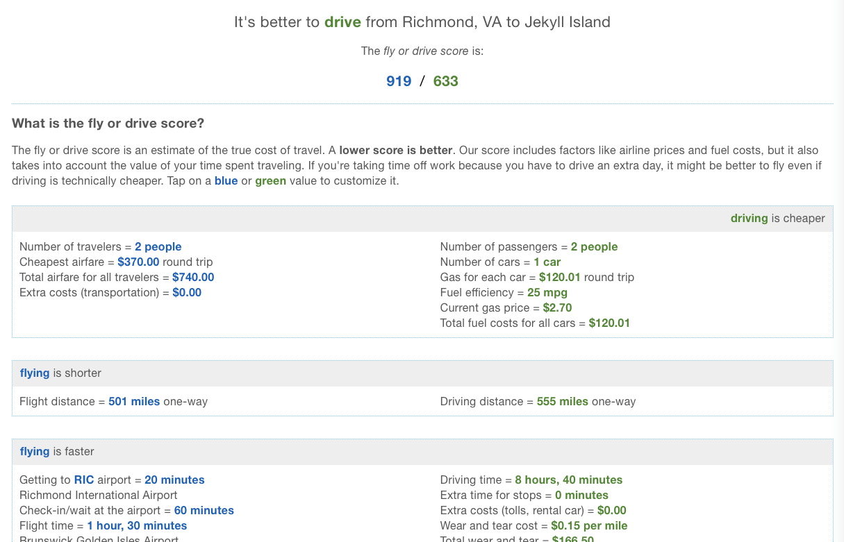 An example calculation of our fly vs drive decision based on customizable factors like airport locations, wear and tear cost for the vehicle, flight prices, and more!