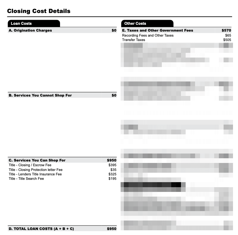 Closing Costs details page from a Loan Estimate to refinance our home—this provides the cost we need to calculate our breakeven against the savings the refinance will provide.