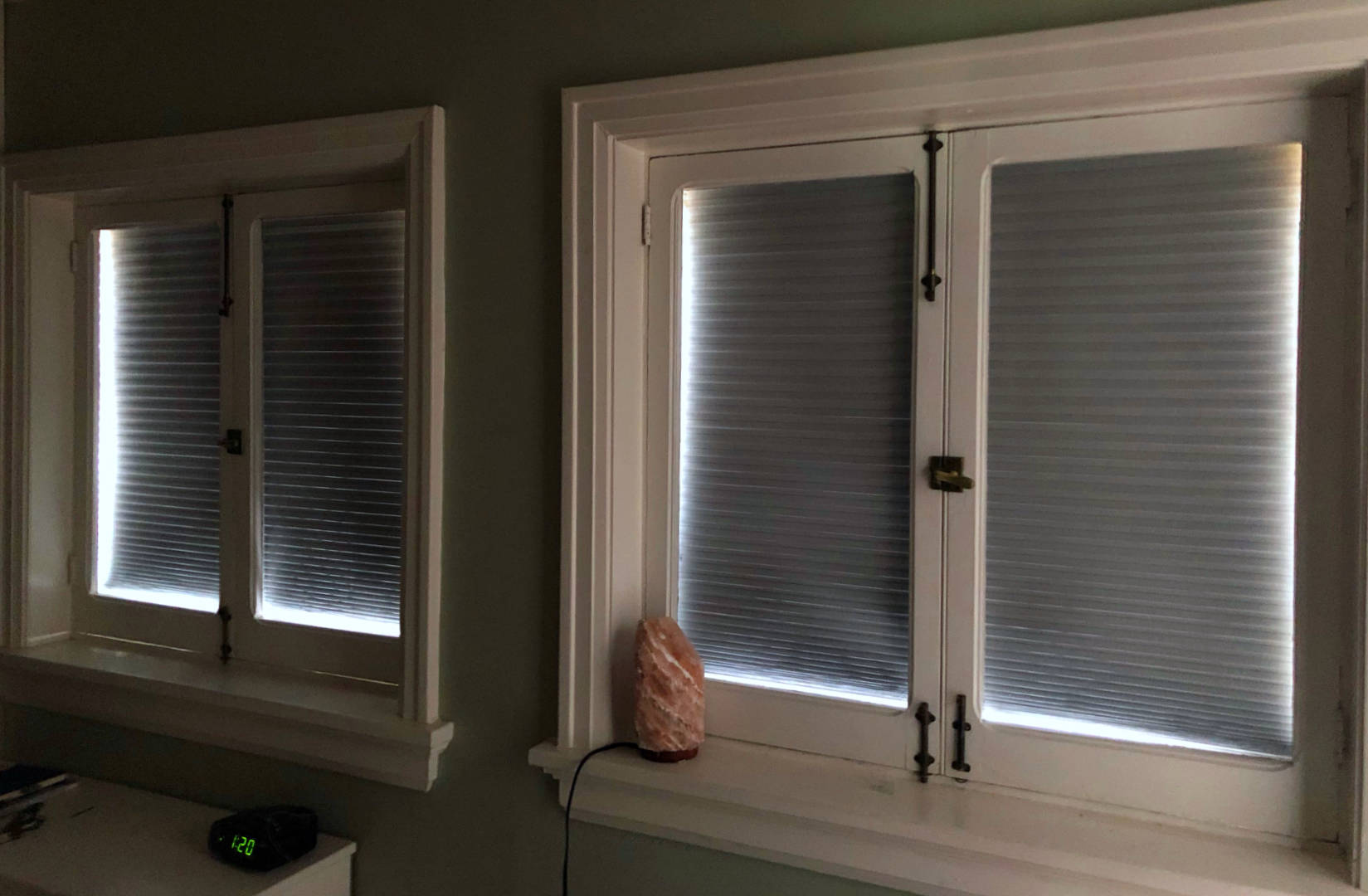 Two new blackout cellular shades installed in our bedroom. They replaced old metal blinds that were stained and bent!