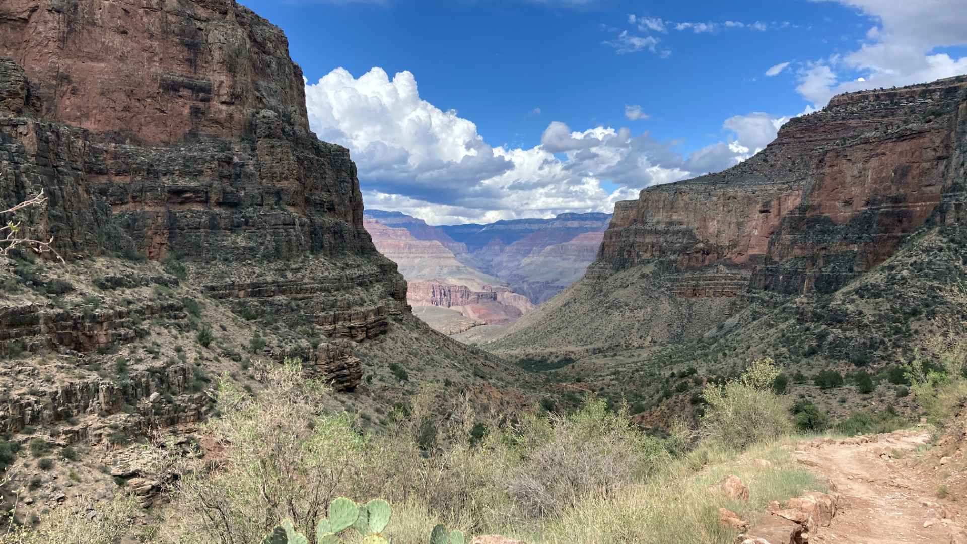 Our view five miles down the Bright Angel Trail at the Grand Canyon