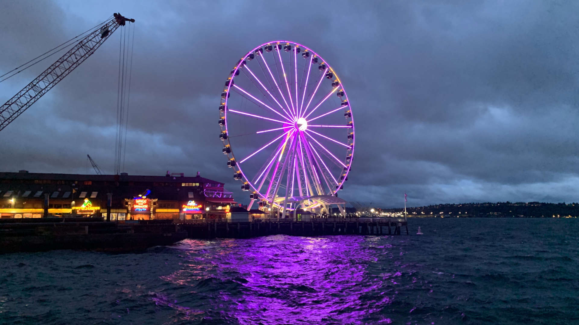 Seattle's piers, harbor, and Ferris wheel.