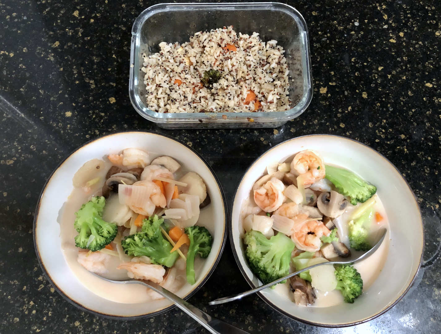 Our typical meal at home includes a variety of veggies and mix of carbs with a bit of [occasional] seafood.