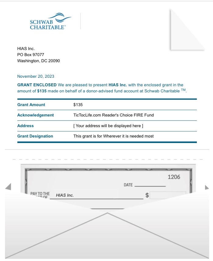 Donation letter to HIAS, Inc.