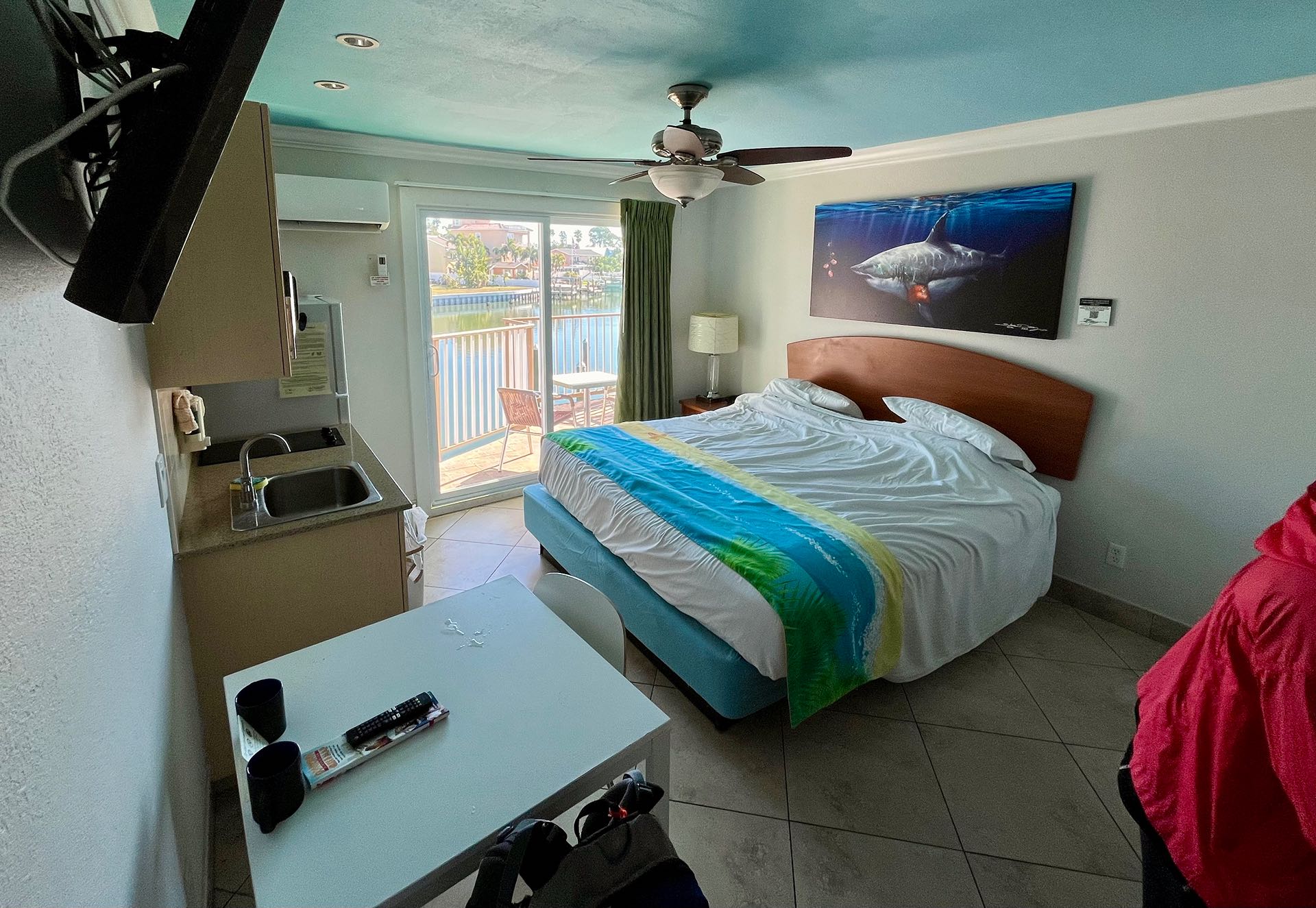 The room at Bayview Plaza Resort we stayed in. Plenty enough space, a kitchen so we could cook, and—most importantly—steps from the beach on one side and directly on the bay on the other. Not too expensive, family run, and on a lovely quieter part of the coast near St. Petersburg.