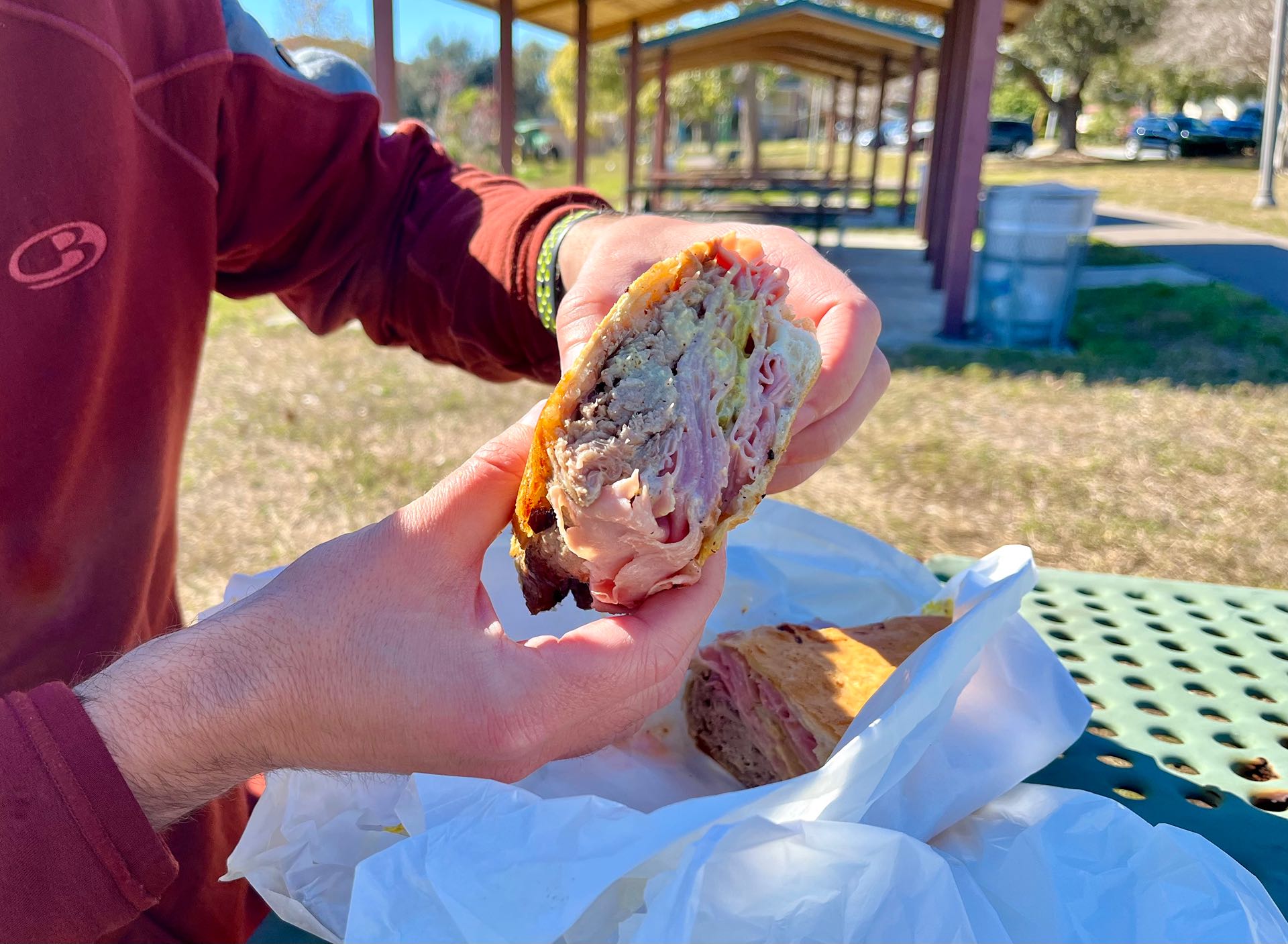 Chris not exactly being a good pescatarian, but, when in Rome... He couldn't resist a legit Cuban sandwich.
