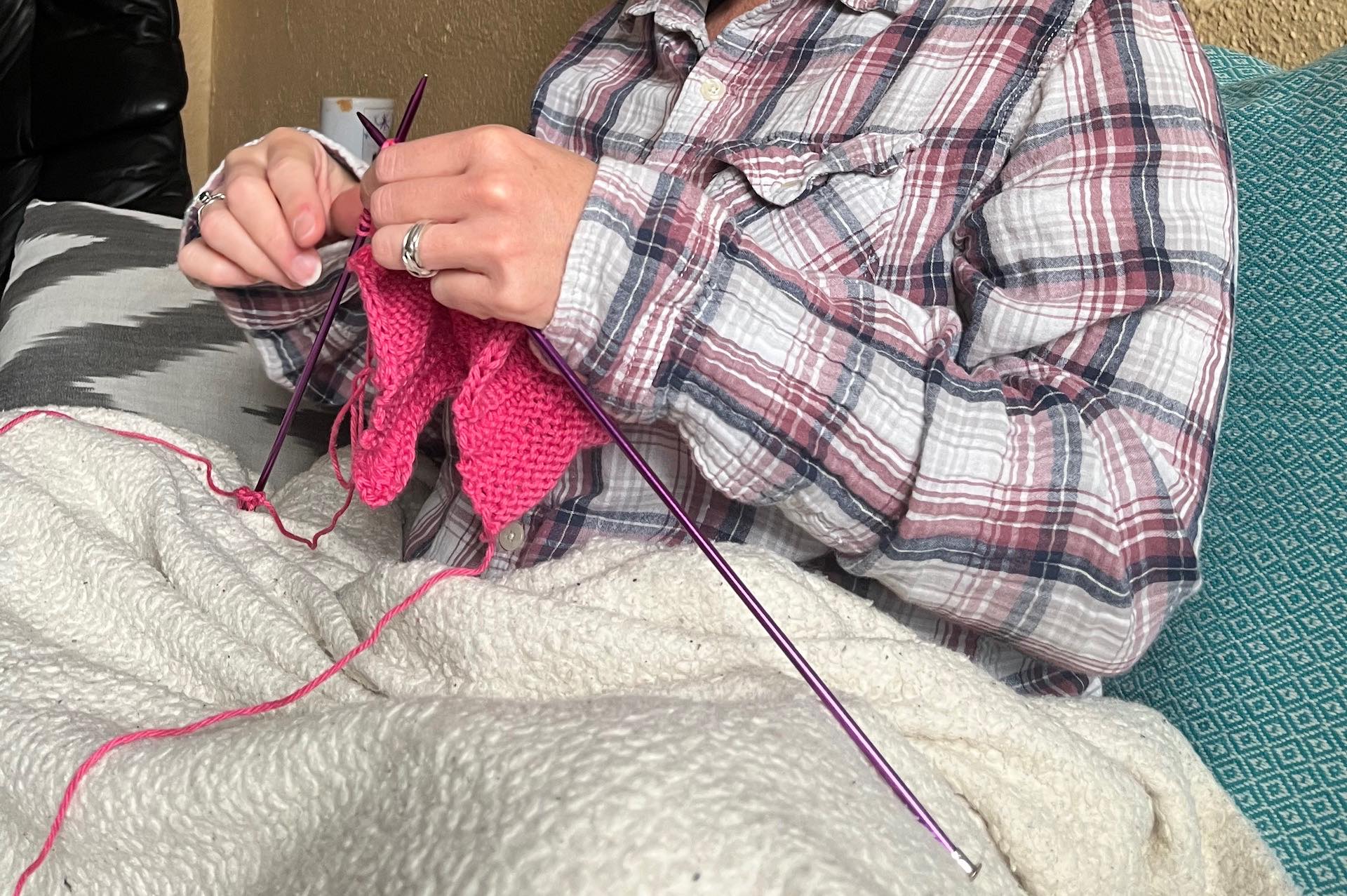 Jenni has determined that knitting will be one of her relaxation hobbies—a little blanket on the way!