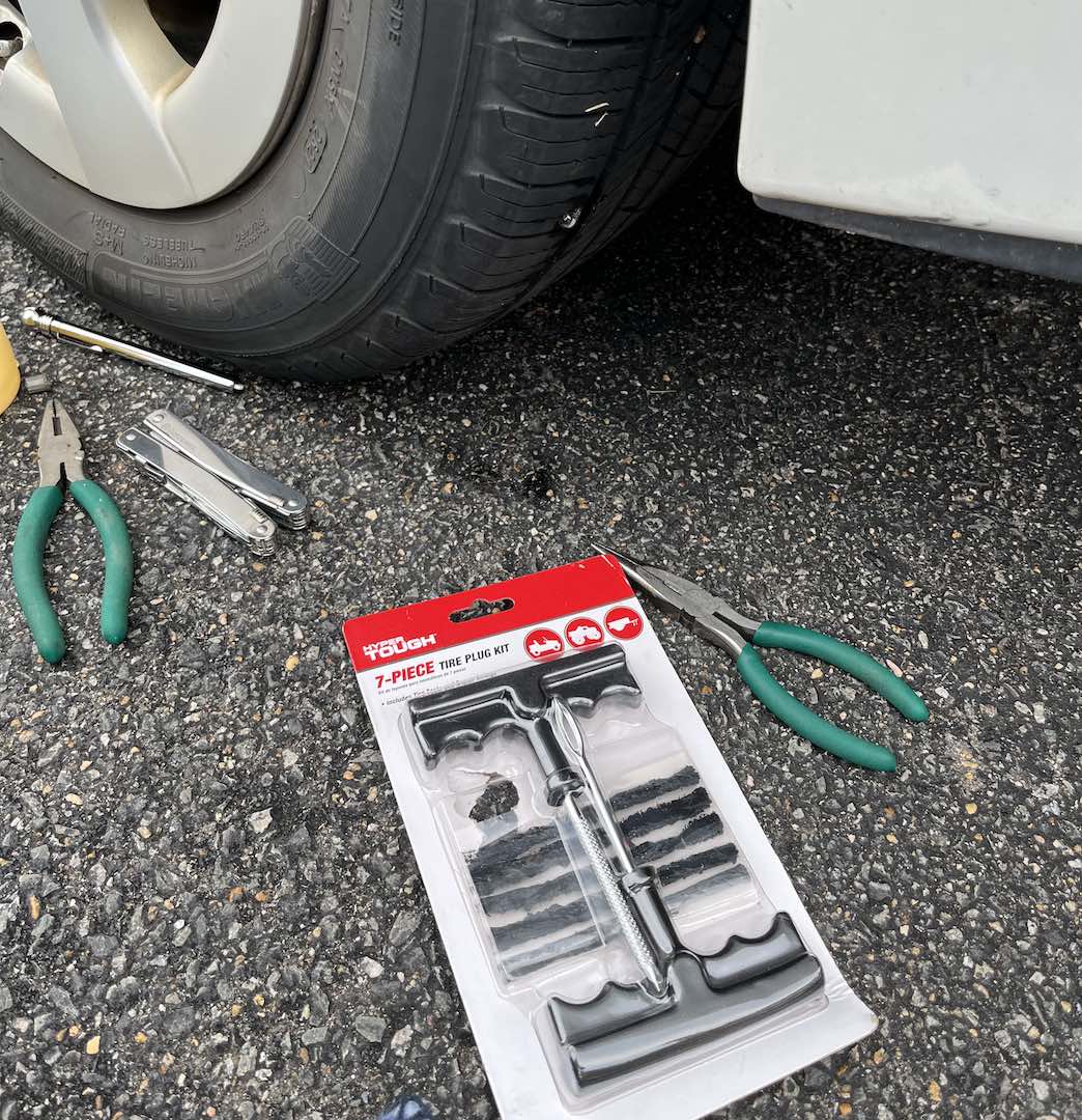 And to think, Chris was so excited to whip out his trusty tire plug kit. He got the big screw so at least that let us drive to the shop for a replacement tire!